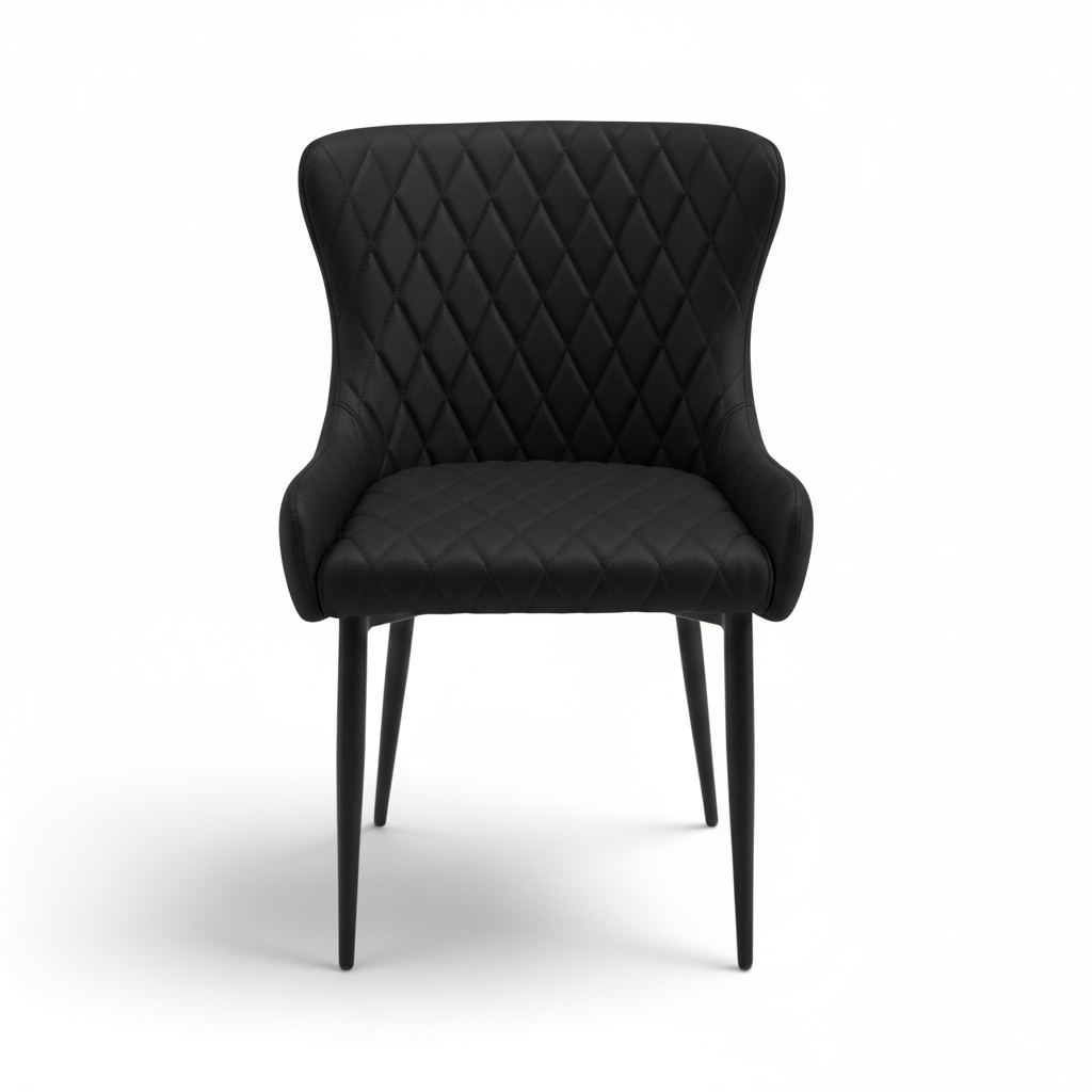 Direct Furniture Depot Miami dining chair in black with diamond-pattern stitching and slim black metal legs.