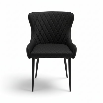 Direct Furniture Depot Miami dining chair in black with diamond-pattern stitching and slim black metal legs.