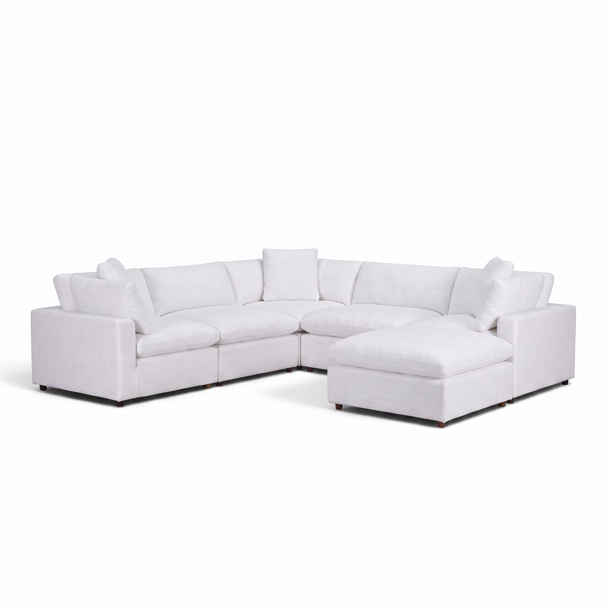 Direct Furniture Depot Nami white linen modular lounge with ottoman in a corner configuration with scatter cushions