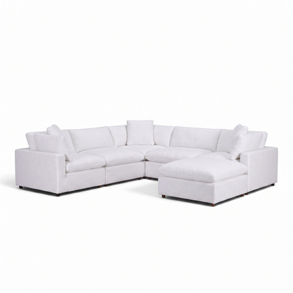 Direct Furniture Depot Nami white linen modular lounge with ottoman in a corner configuration with scatter cushions
