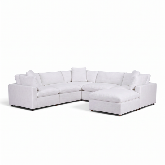 Direct Furniture Depot Nami white linen modular lounge with ottoman in a corner configuration with scatter cushions