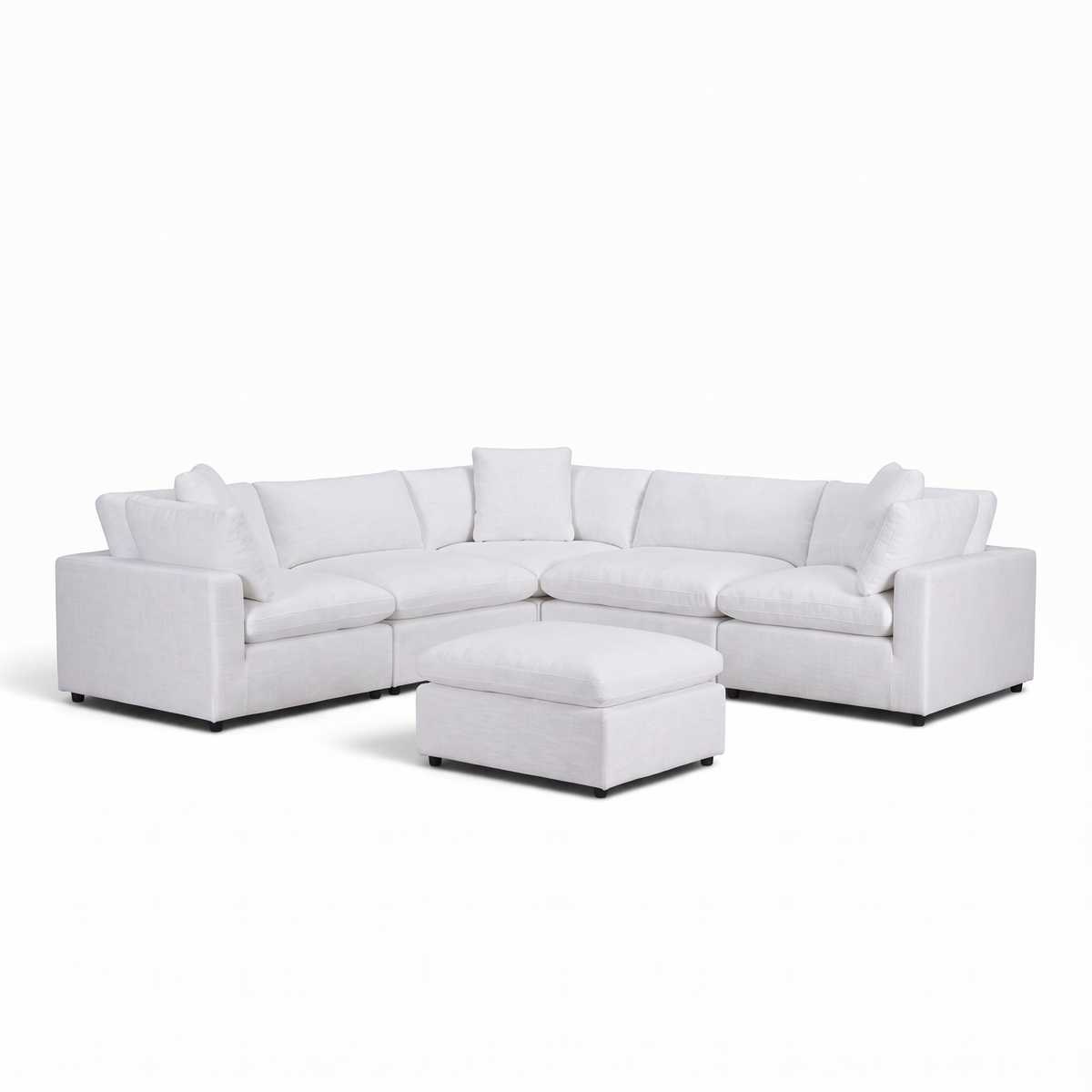 Direct Furniture Depot Nami white linen modular lounge sofa with matching square ottoman in a corner configuration