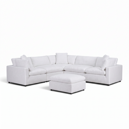 Direct Furniture Depot Nami white linen modular lounge sofa with matching square ottoman in a corner configuration