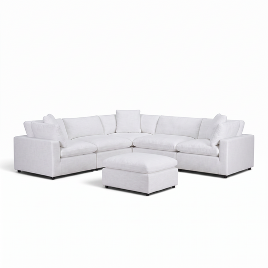 Direct Furniture Depot Nami white linen modular lounge sofa with matching square ottoman in a corner configuration