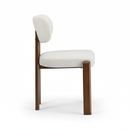 Direct Furniture Depot Nori dining chair with white linen upholstery and dark wood frame in a side profile view