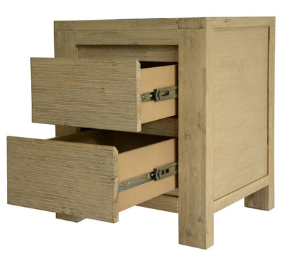 Direct Furniture Depot light oak bedside table with two open drawers and textured wood grain finish.