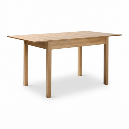 Direct Furniture Depot Oren extension dining table in a light woodgrain melamine finish with a rectangular top.