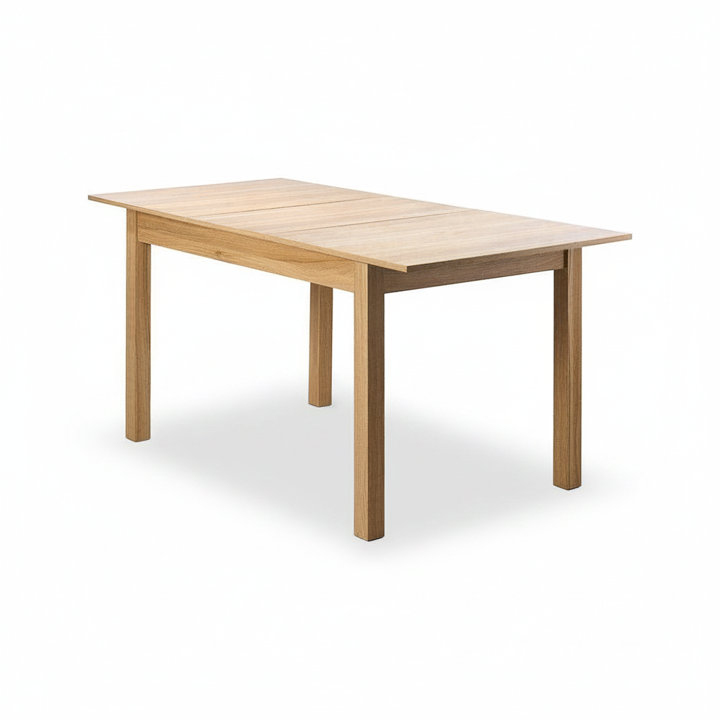 Direct Furniture Depot Oren extension dining table in a light woodgrain melamine finish, shown in a compact setting.