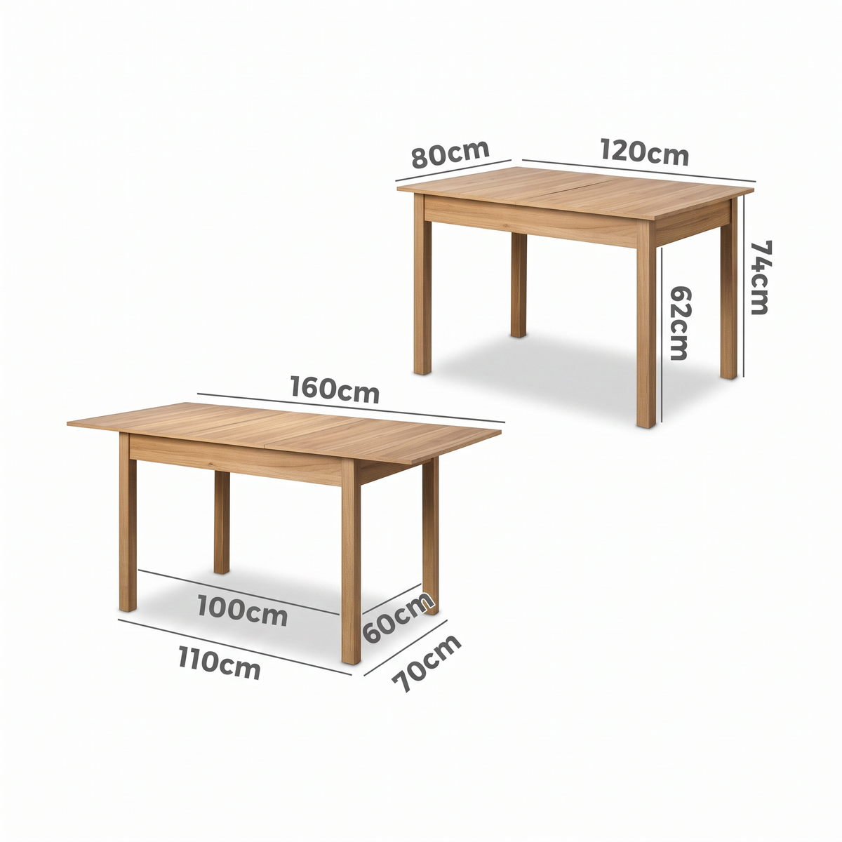 Direct Furniture Depot Oren extension dining table in woodgrain melamine showing 120cm and 160cm dimensions