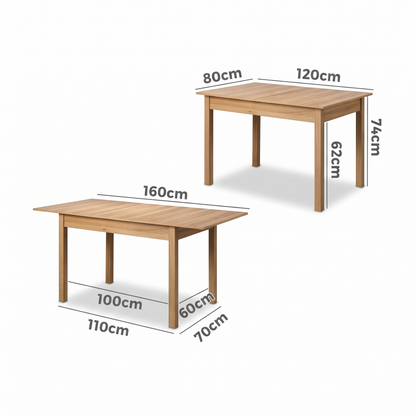 Direct Furniture Depot Oren extension dining table in woodgrain melamine showing 120cm and 160cm dimensions