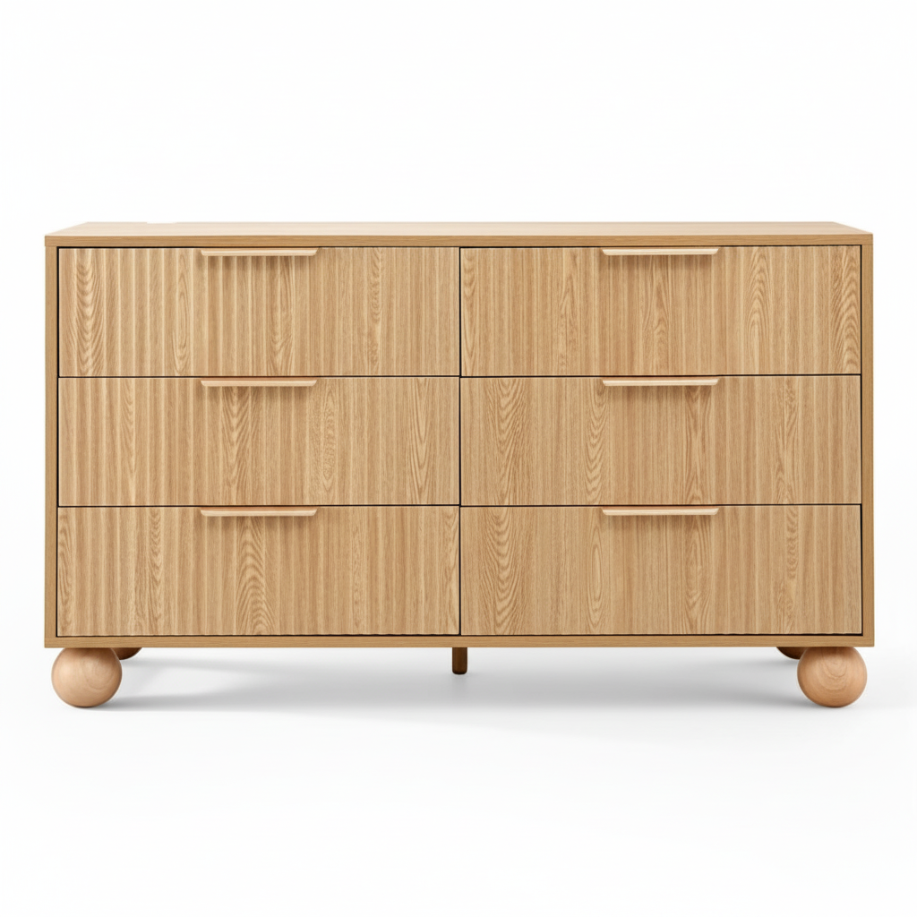 Direct Furniture Depot Oslo 6 drawer dresser in pine finish with fluted drawer fronts and round ball-shaped legs.