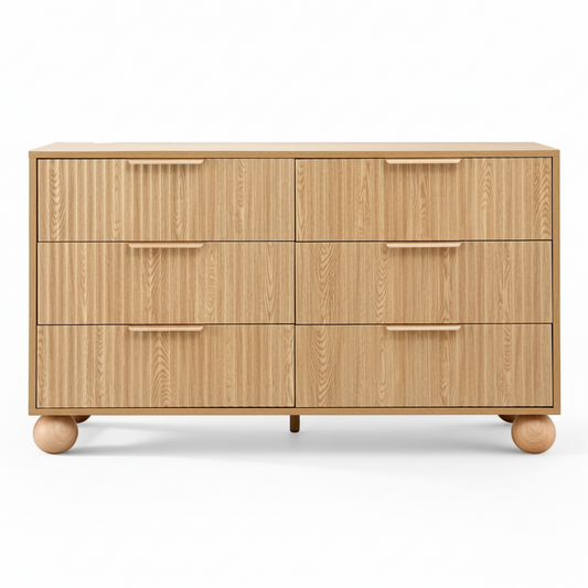 Direct Furniture Depot Oslo 6 drawer dresser in pine finish with fluted drawer fronts and round ball-shaped legs.