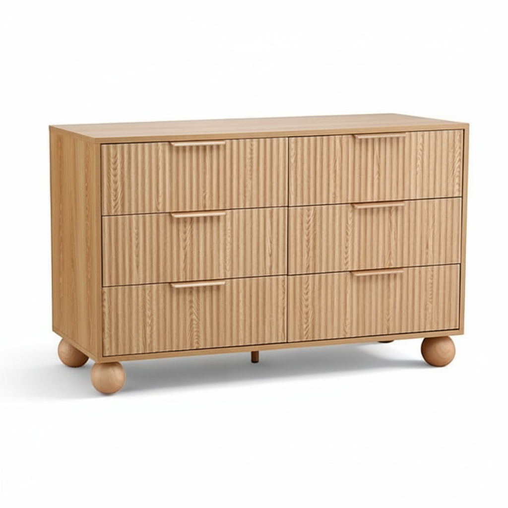 Direct Furniture Depot Oslo 6 drawer dresser in pine finish with fluted drawer fronts and unique ball-shaped legs.