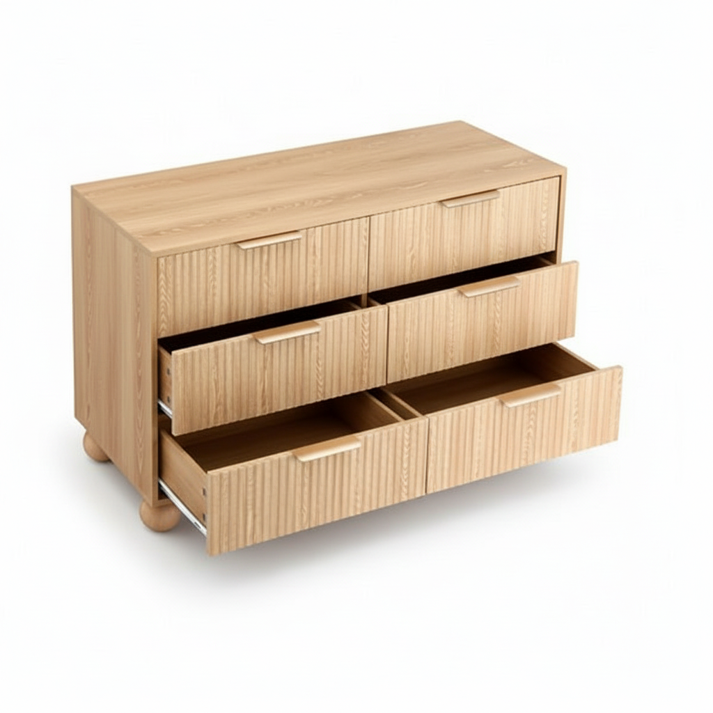 Direct Furniture Depot Oslo 6 drawer dresser in pine with fluted fronts, metal handles, and ball-shaped legs.