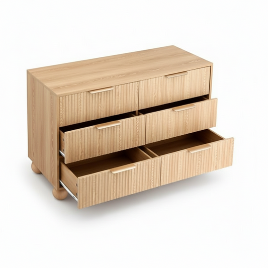 Direct Furniture Depot Oslo 6 drawer dresser in pine with fluted fronts, metal handles, and ball-shaped legs.