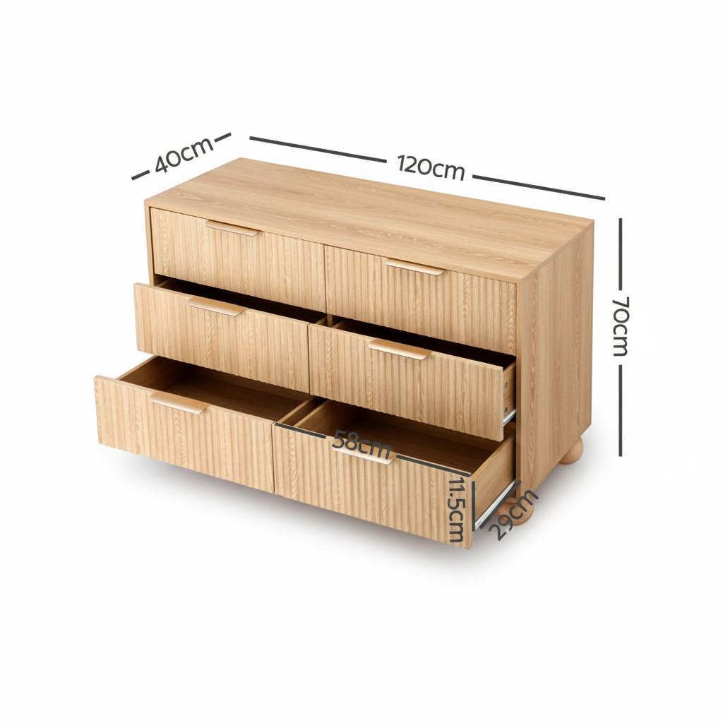 Direct Furniture Depot Oslo 6 drawer dresser in pine finish with fluted drawer fronts and ball-shaped legs