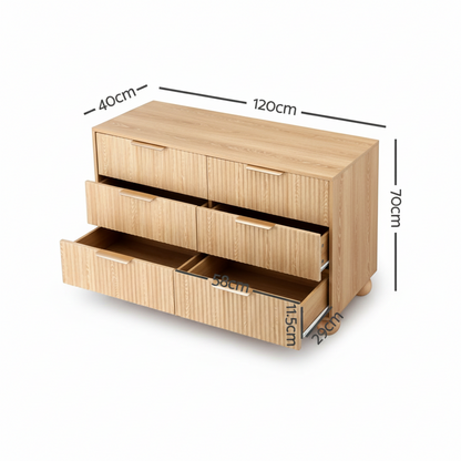 Direct Furniture Depot Oslo 6 drawer dresser in pine finish with fluted drawer fronts and ball-shaped legs