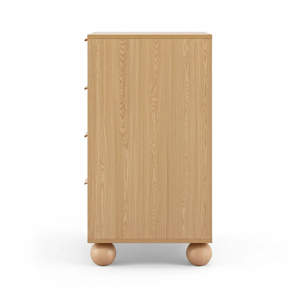 Direct Furniture Depot Oslo 4 drawer tallboy in pine finish with fluted drawer fronts and unique ball-shaped legs
