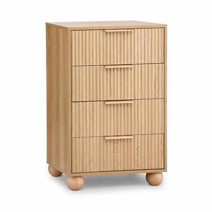 Direct Furniture Depot Oslo 4 drawer tallboy in pine with fluted drawer fronts, metal handles, and ball-shaped legs.
