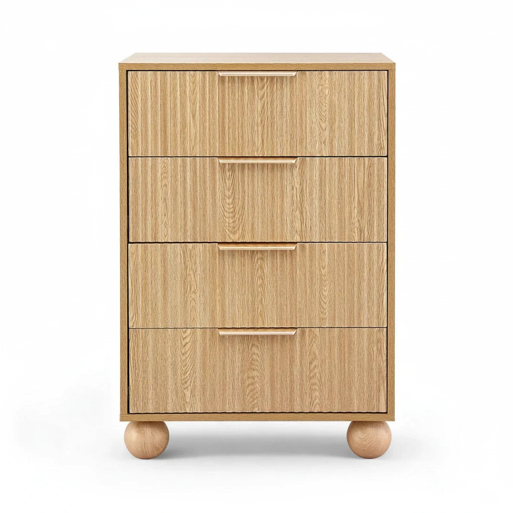 Direct Furniture Depot Oslo 4 drawer tallboy in pine with fluted drawer fronts, metal handles, and ball-shaped legs.