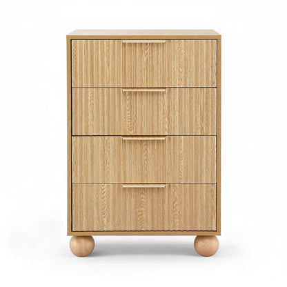Direct Furniture Depot Oslo 4 drawer tallboy in pine with fluted drawer fronts, metal handles, and ball-shaped legs.