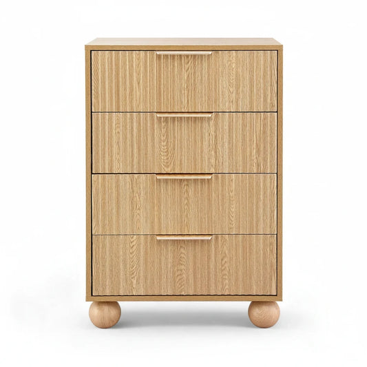Direct Furniture Depot Oslo 4 drawer tallboy in pine with fluted drawer fronts, metal handles, and ball-shaped legs.