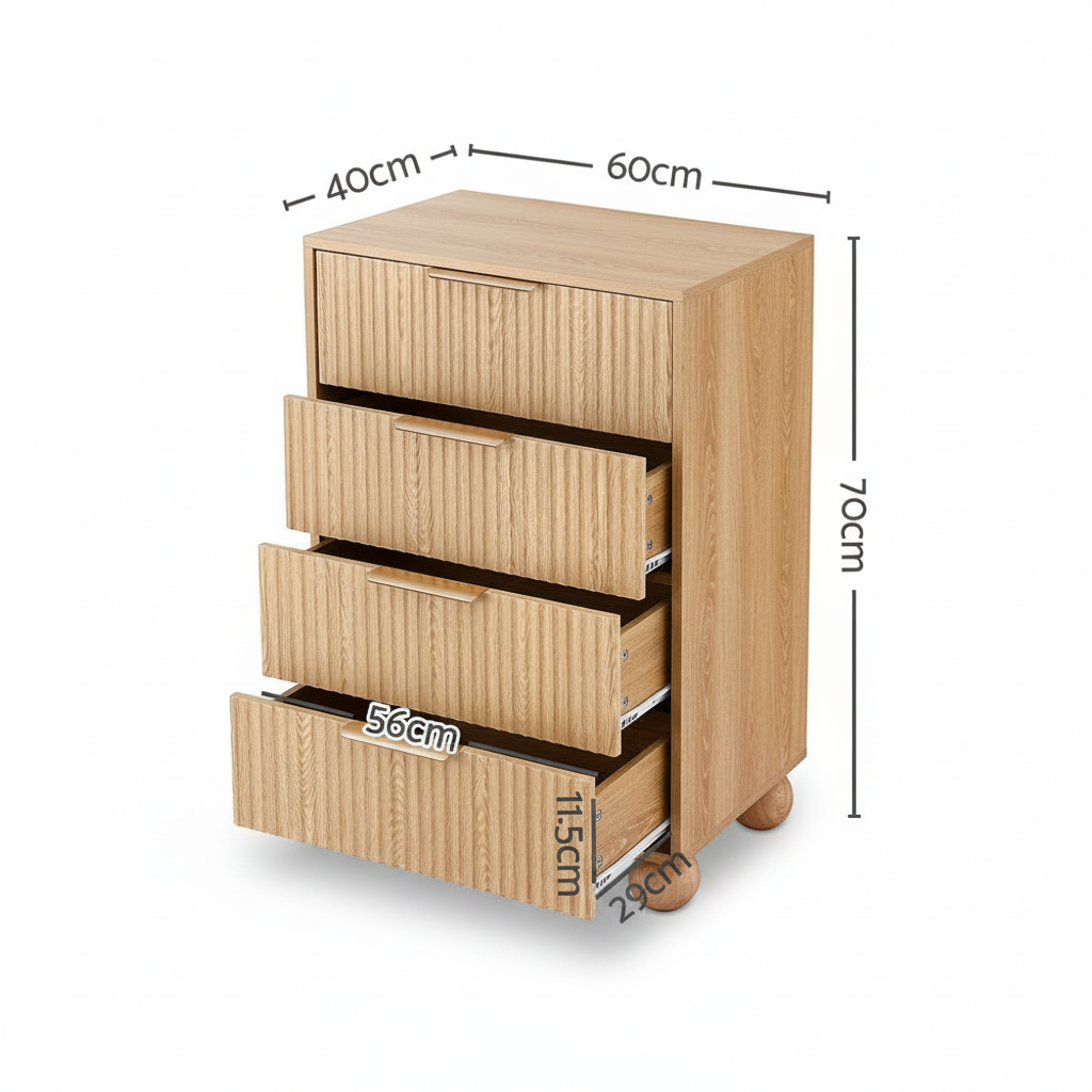 Direct Furniture Depot Oslo 4 drawer tallboy in pine with fluted fronts, metal handles, and rounded ball-shaped legs.