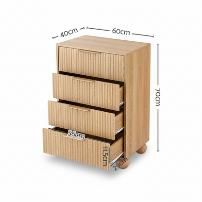 Direct Furniture Depot Oslo 4 drawer tallboy in pine with fluted fronts, metal handles, and rounded ball-shaped legs.