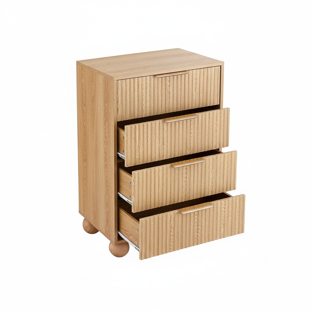 Direct Furniture Depot Oslo 4 drawer tallboy in pine finish with fluted drawer fronts and rounded ball-shaped legs