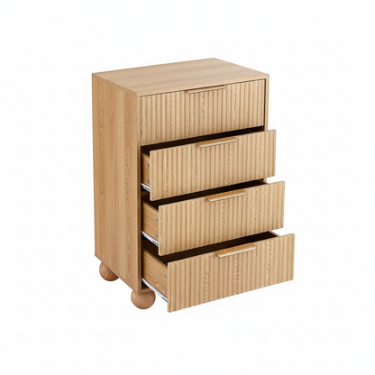 Direct Furniture Depot Oslo 4 drawer tallboy in pine finish with fluted drawer fronts and rounded ball-shaped legs