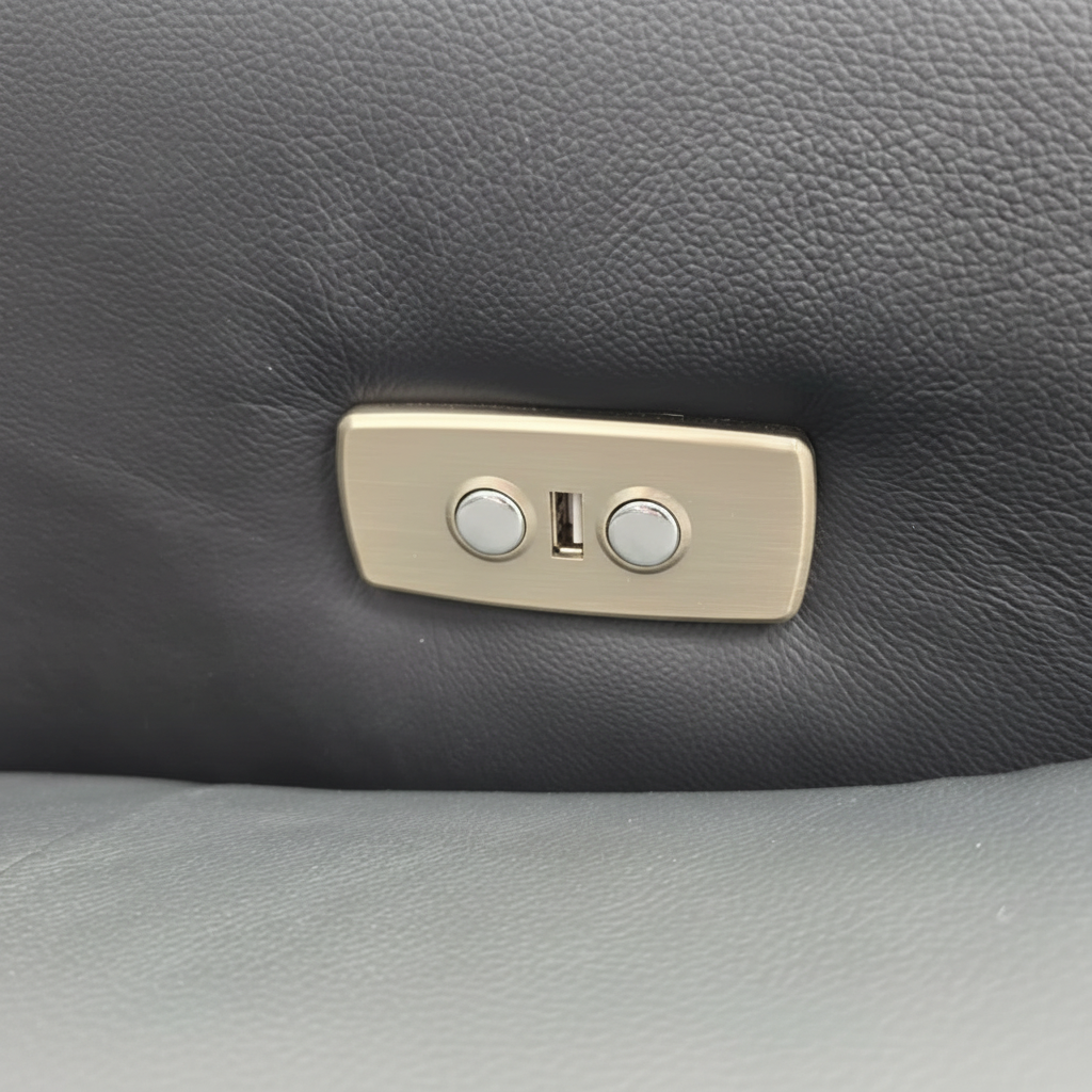 Direct Furniture Depot Vienna electric recliner control panel with USB port on dark grey genuine leather upholstery