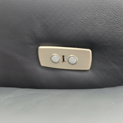 Direct Furniture Depot Vienna electric recliner control panel with USB port on dark grey genuine leather upholstery