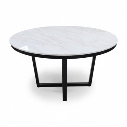 Direct Furniture Depot Luca round dining table with a white marble top and a black architectural metal base.