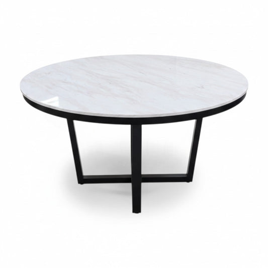 Direct Furniture Depot Luca round dining table with a white marble top and a black architectural metal base.