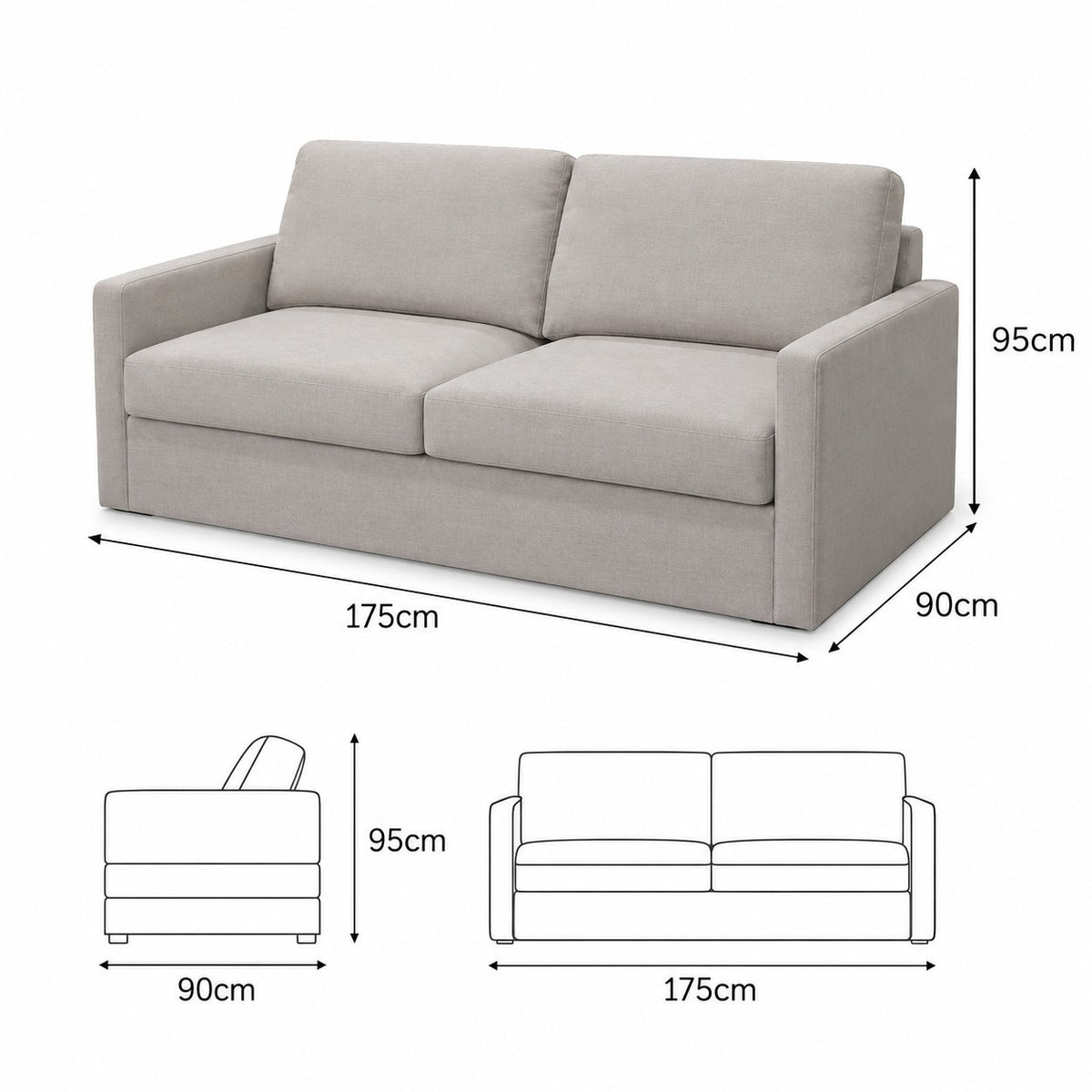 Direct Furniture Depot Shelly 2 seater sofa bed in light grey fabric with dimensions shown in a technical diagram.