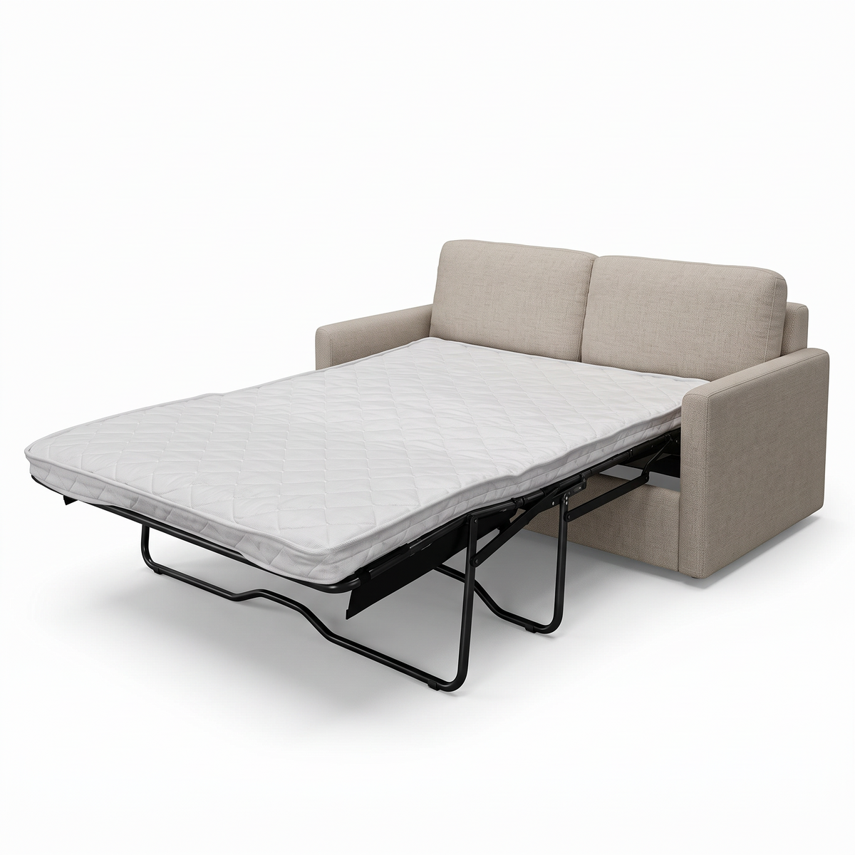 Direct Furniture Depot Shelly 2 seater sofa bed in beige fabric with an extended double mattress on a white background