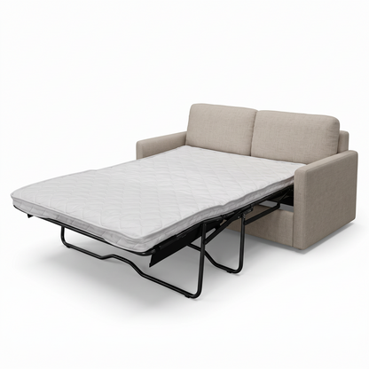 Direct Furniture Depot Shelly 2 seater sofa bed in beige fabric with an extended double mattress on a white background