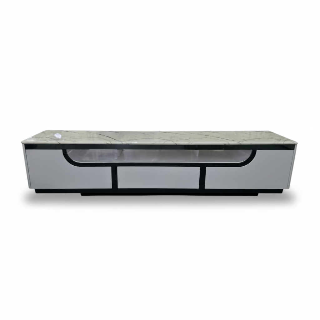 Direct Furniture Depot Sorrento TV unit featuring a white marble top and three drawers with modern black trim.