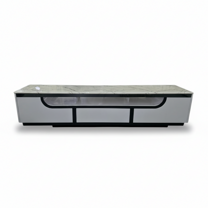 Direct Furniture Depot Sorrento TV unit featuring a white marble top and three drawers with modern black trim.