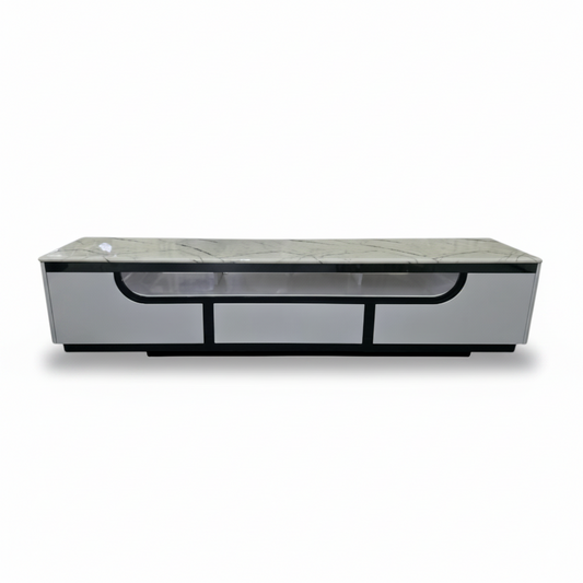 Direct Furniture Depot Sorrento TV unit featuring a white marble top and three drawers with modern black trim.