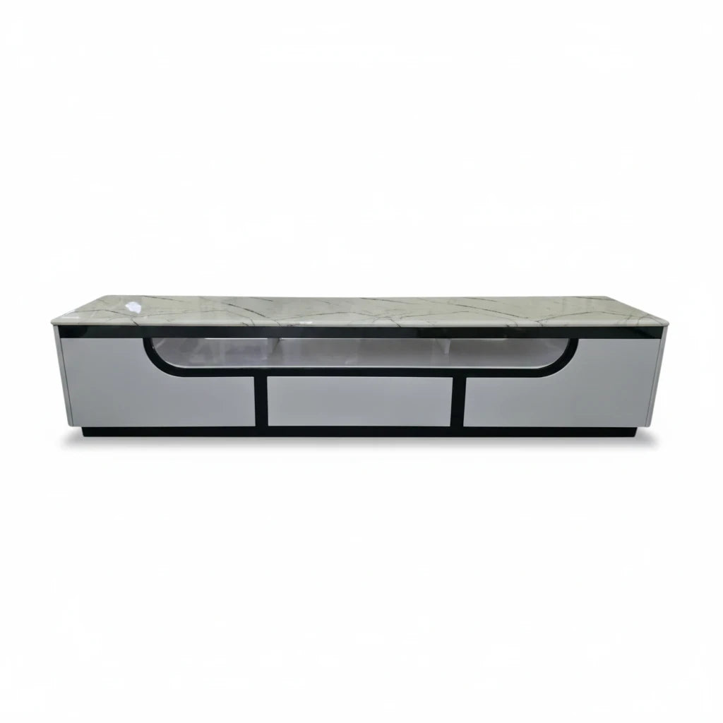 Direct Furniture Depot Sorrento TV unit featuring a white marble top and three sleek drawers with black accents.