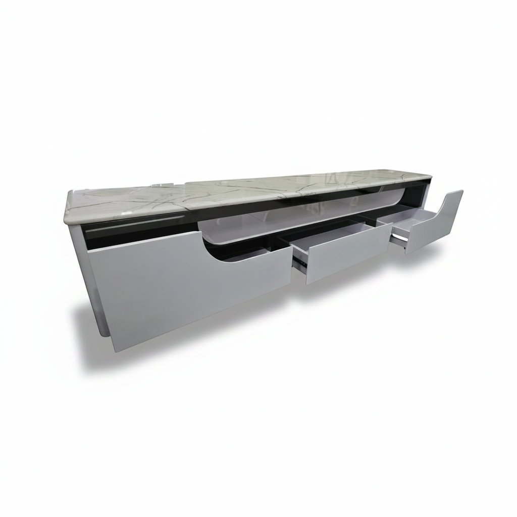 Direct Furniture Depot Sorrento marble top TV unit with three open white drawers in a modern minimalist style.
