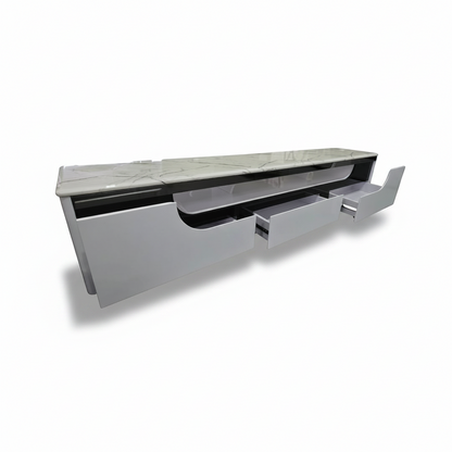 Direct Furniture Depot Sorrento marble top TV unit with three open white drawers in a modern minimalist style.