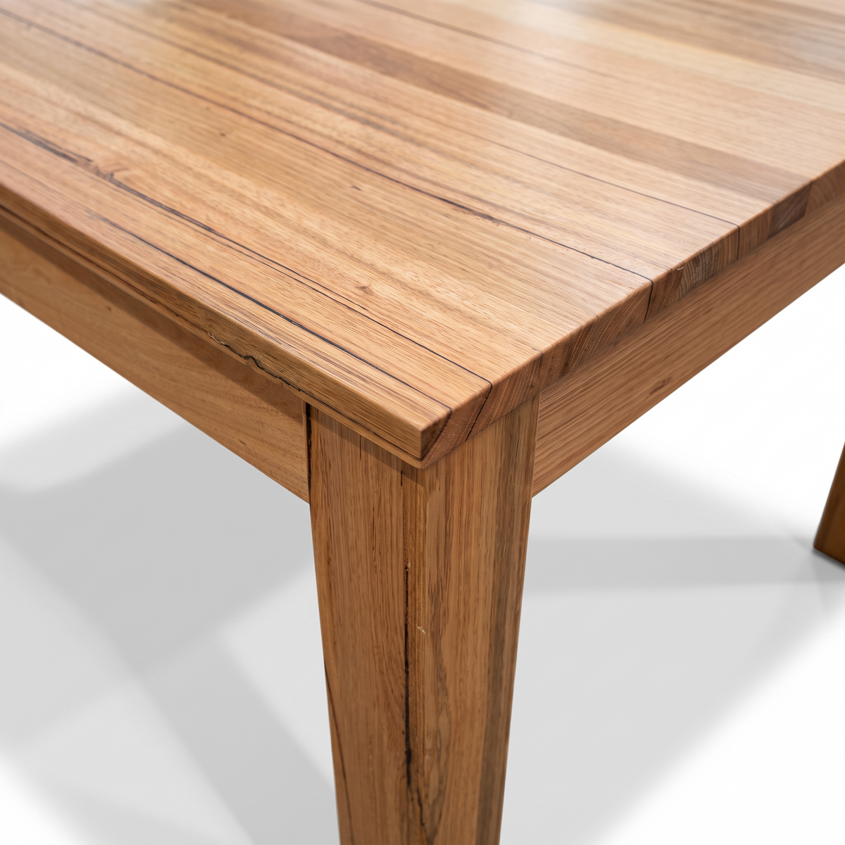 Direct Furniture Depot Velo 2.1m dining table in natural Messmate hardwood showing detailed wood grain and corner leg