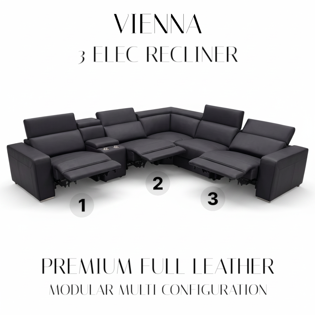 Direct Furniture Depot Vienna modular corner sofa in black leather with three electric recliners and cup holders