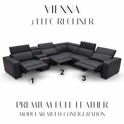 Direct Furniture Depot Vienna modular corner sofa in black leather with three electric recliners and cup holders