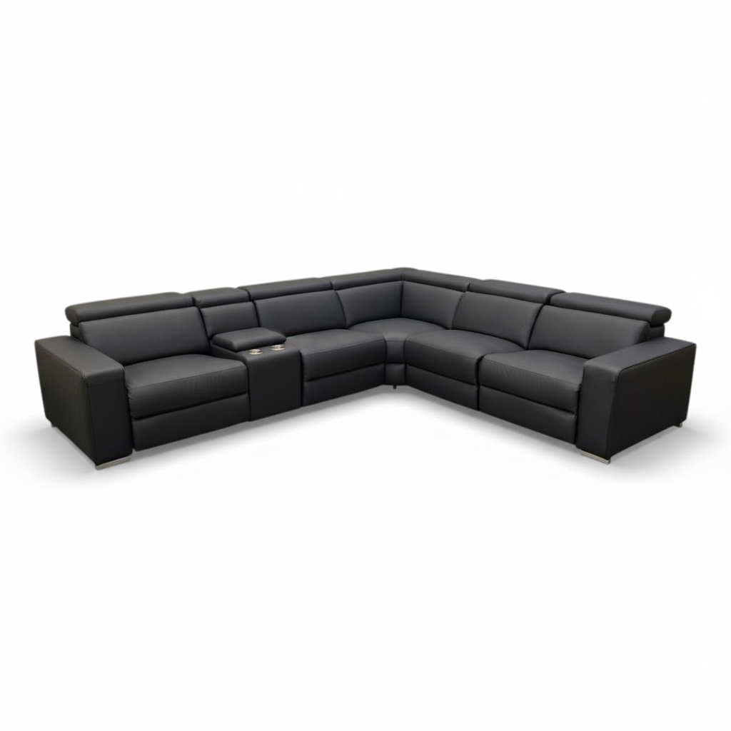 Direct Furniture Depot Vienna black leather modular corner sofa with three electric recliners and storage console