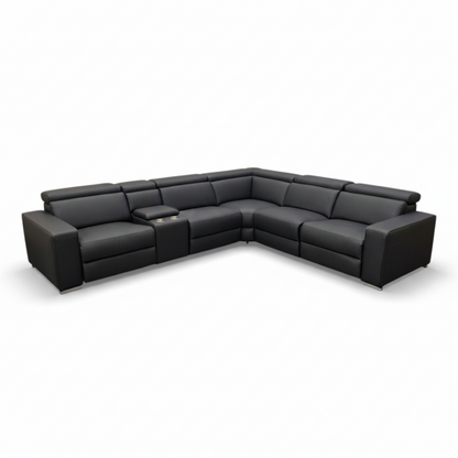 Direct Furniture Depot Vienna black leather modular corner sofa with three electric recliners and storage console