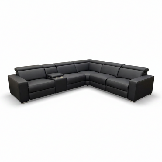 Direct Furniture Depot Vienna black leather modular corner sofa with three electric recliners and storage console