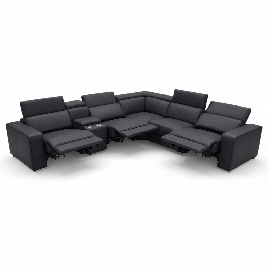 Direct Furniture Depot Vienna black leather modular corner sofa with three electric recliners and storage console.